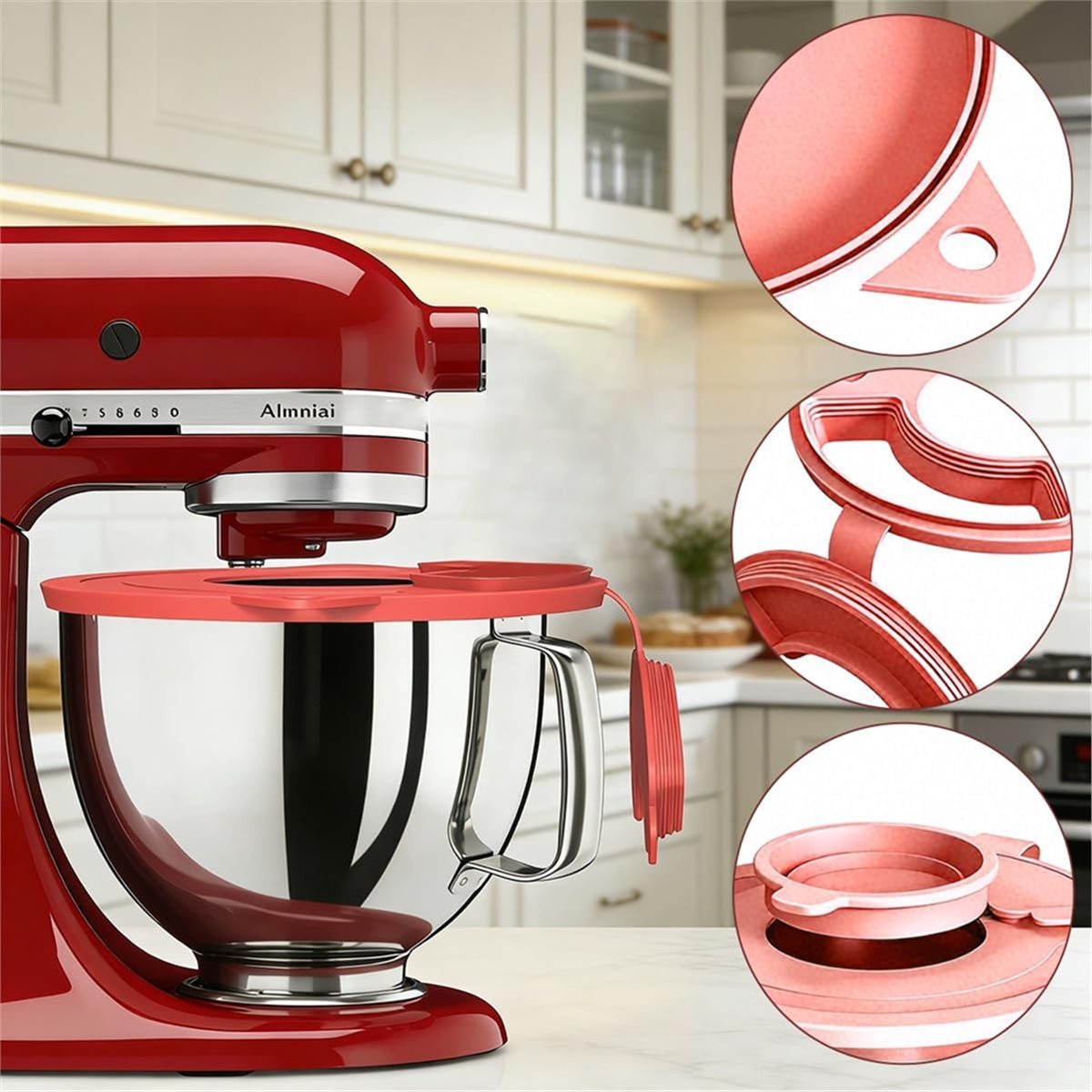Stand Mixer Bowl - A1837U Aug. シリコンミキサーボウルカバー 4.5-5 クォートのチルトヘッドスタンドミキサーボウル、計量カップ、食器洗い機対応 レッド