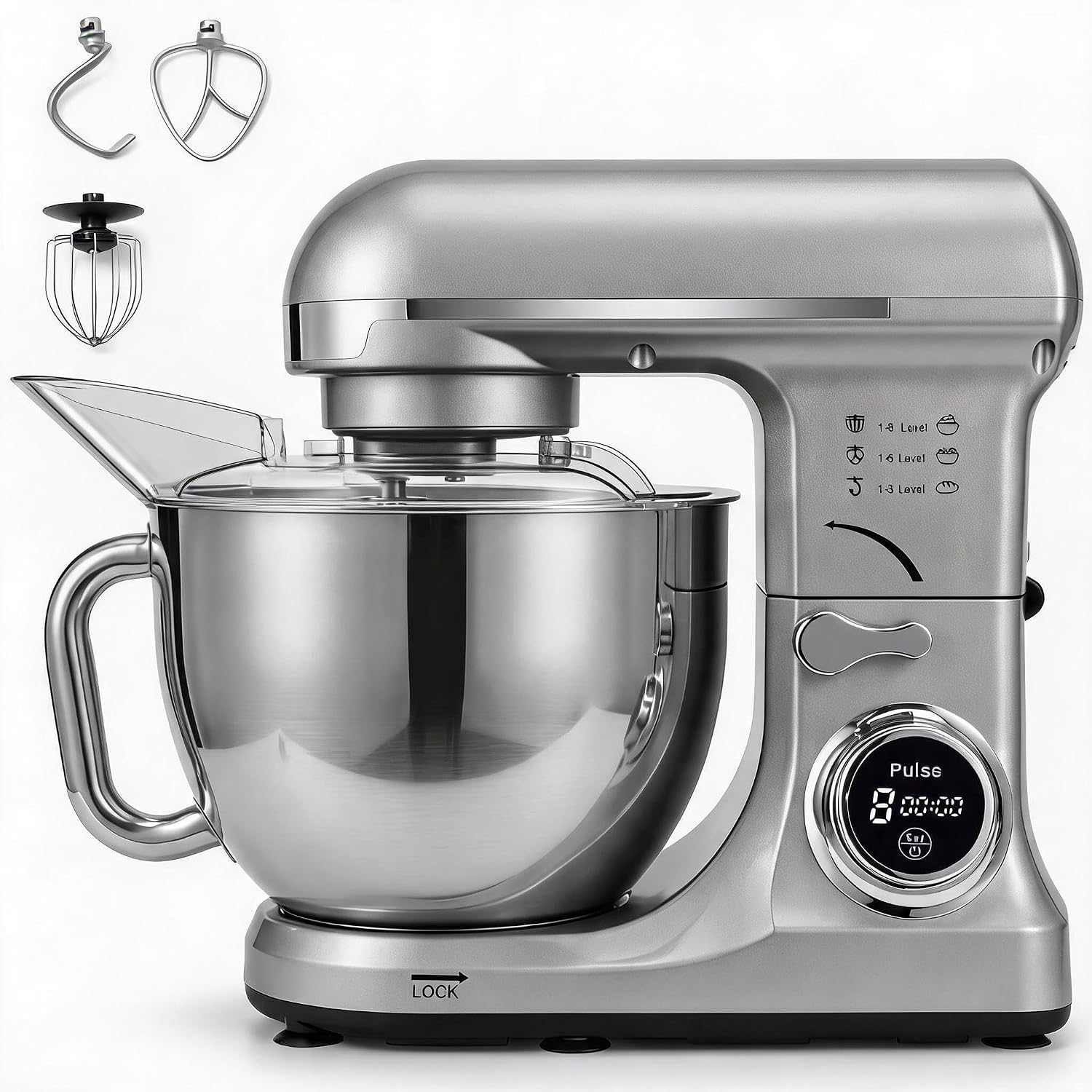 Stand Mixer Bowl - Tacleekii 5.3QT 傾斜式スタンドミキサー。8段階の速度調整が可能な電動キッチンミキサー。500Wモーター搭載。ステンレス製ボウル、生地用フック、ステンレス製泡立て器、およびパン、ケーキ、クッキー、ホイップ用の飛沫防止カバー付き。