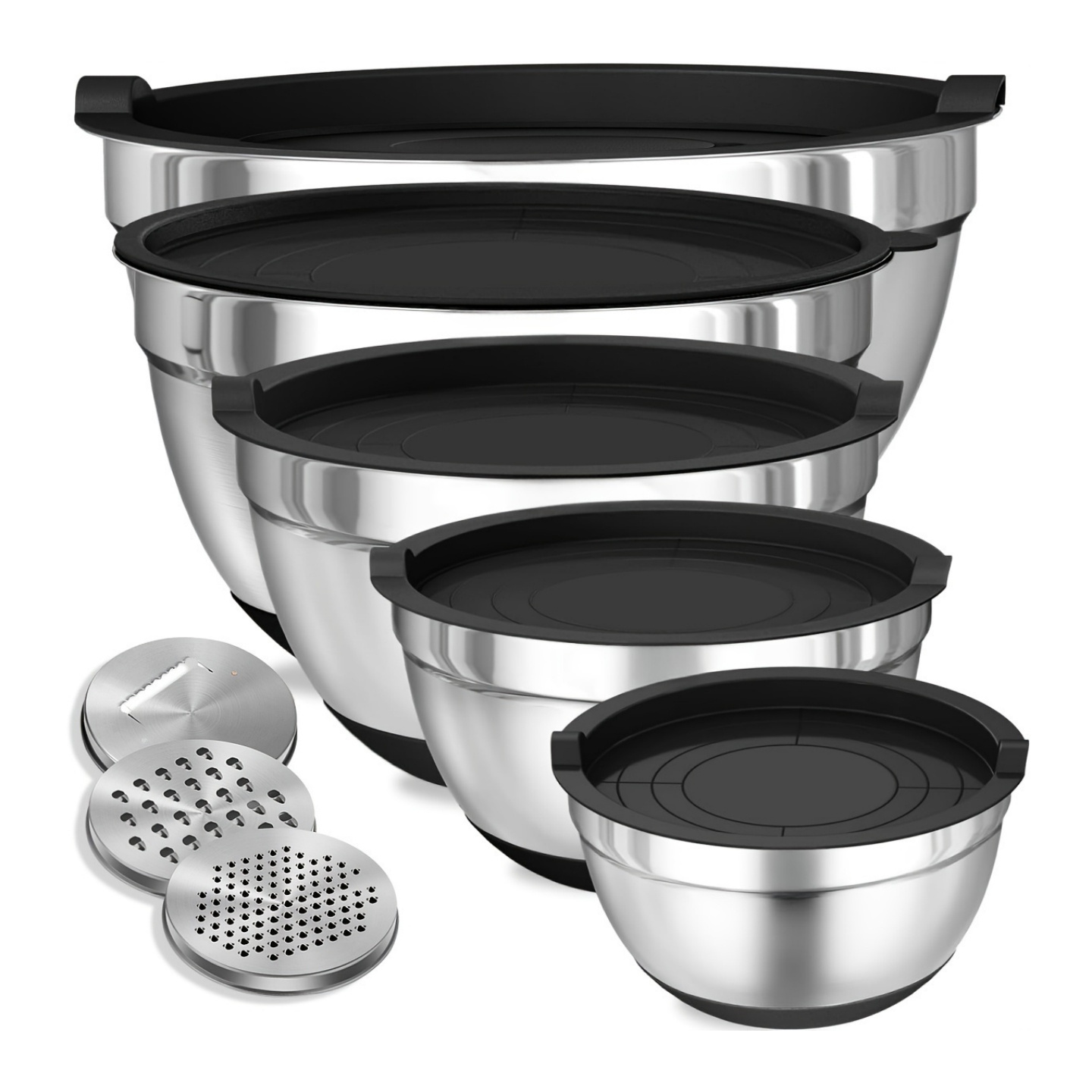 Stand Mixer Bowl - 気密蓋付きミキシングボウル,ステンレス製ミキシングボウルセット,滑り止めボトム,黒のキッチンボウル,ベーキングとサービング,8個
