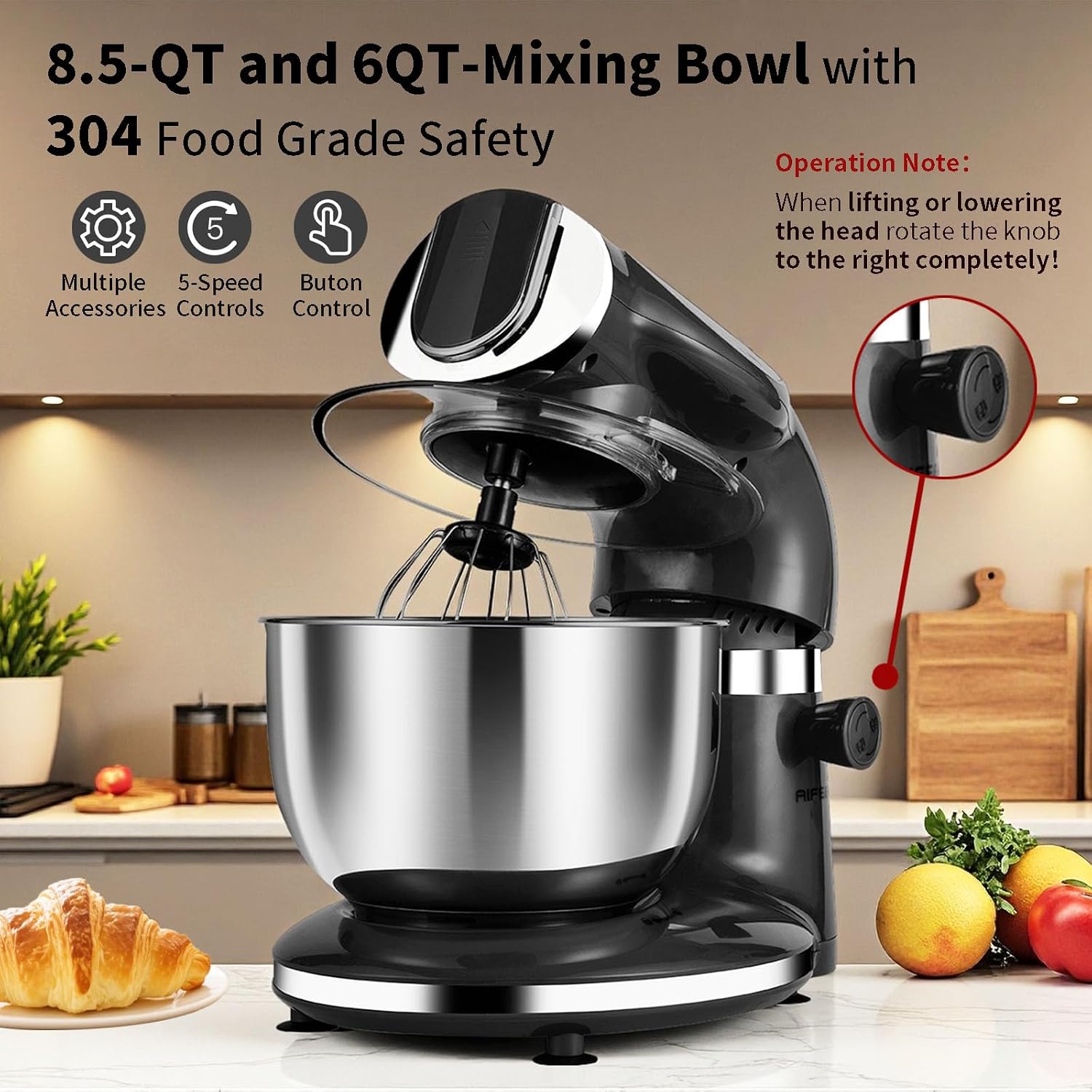 ブラック電動スタンドミキサー 85QT 6QT 2つのステン - Stand Mixer Bowl のレビューと価格